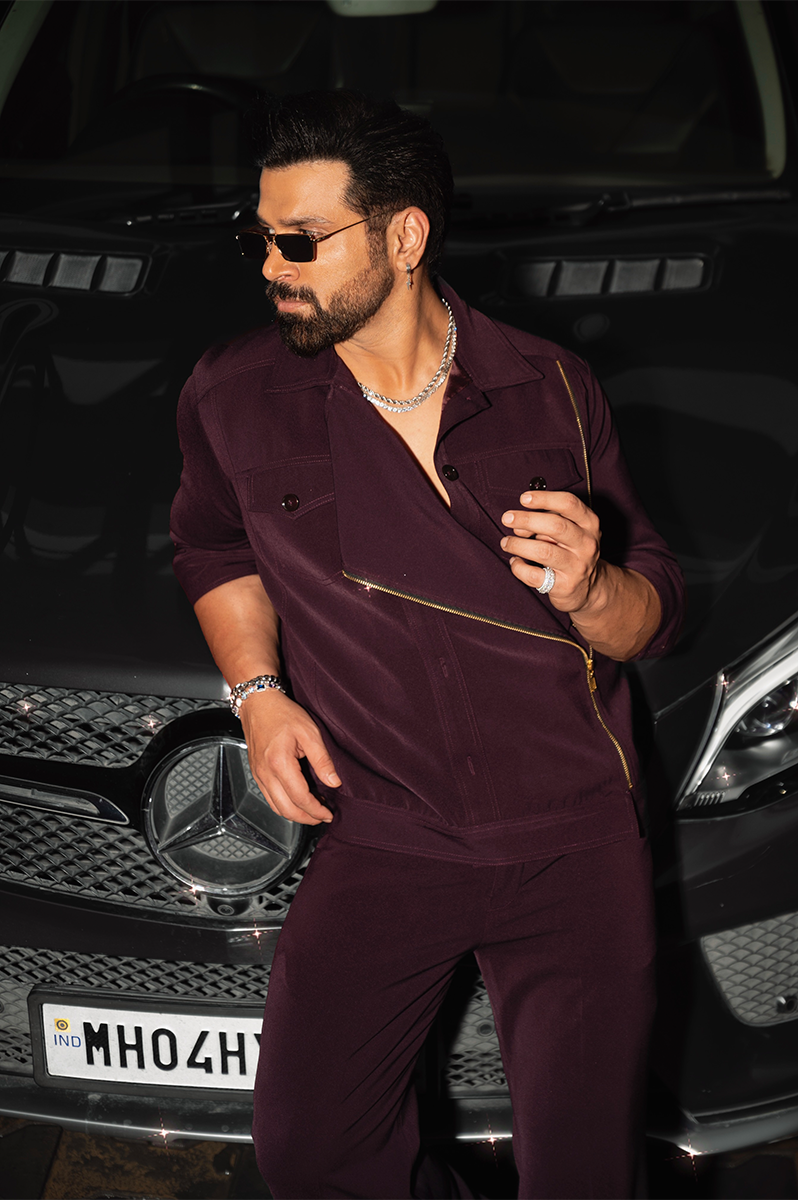 Rithvik Dhanjani in our Deep Plum Latchka Biker Jacket & Bootcut Pants from Ekatra