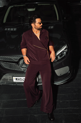 Rithvik Dhanjani in our Deep Plum Latchka Biker Jacket & Bootcut Pants from Ekatra