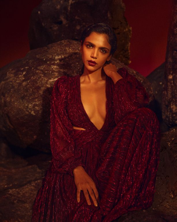 Shriya Pilgaonkar in our Draped Gown with Deep V-Neck and Open Back from Matrix Collection