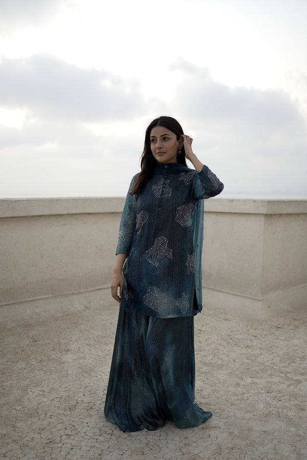 Shehnaaz Gill in Our Printed Jade Blue Blotch Printed Sharara Set from Matrix