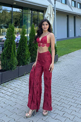 Sonal Kukreja in Intense Rust Red Chantilley Blazer Paired with Chantilly Bralette & Straight Pants from Ekatra