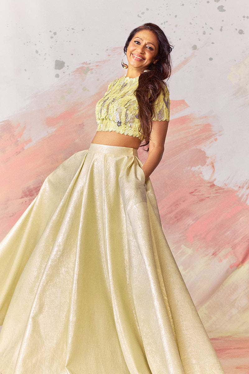 Sunita Gowariker in our Hand Embroidered Crop Top with Shimmer Skirt