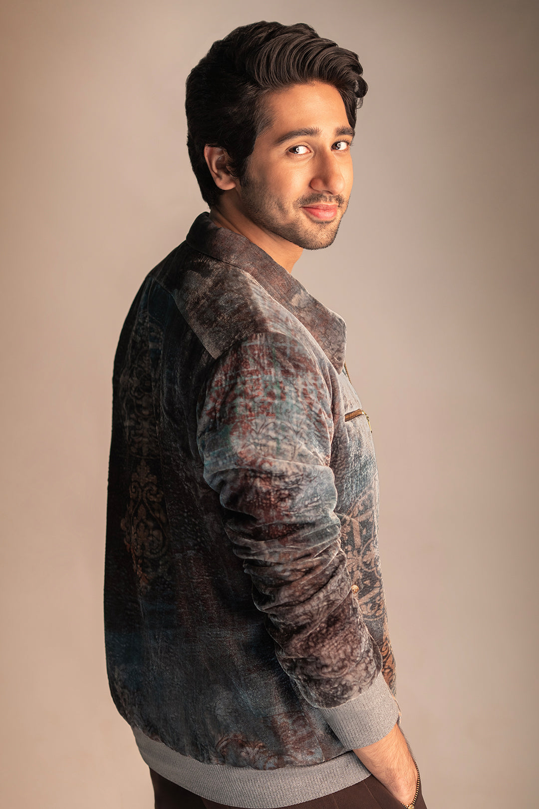 Vihaan Samant in Velvet Bomber Jacket set from Ancienne Collection