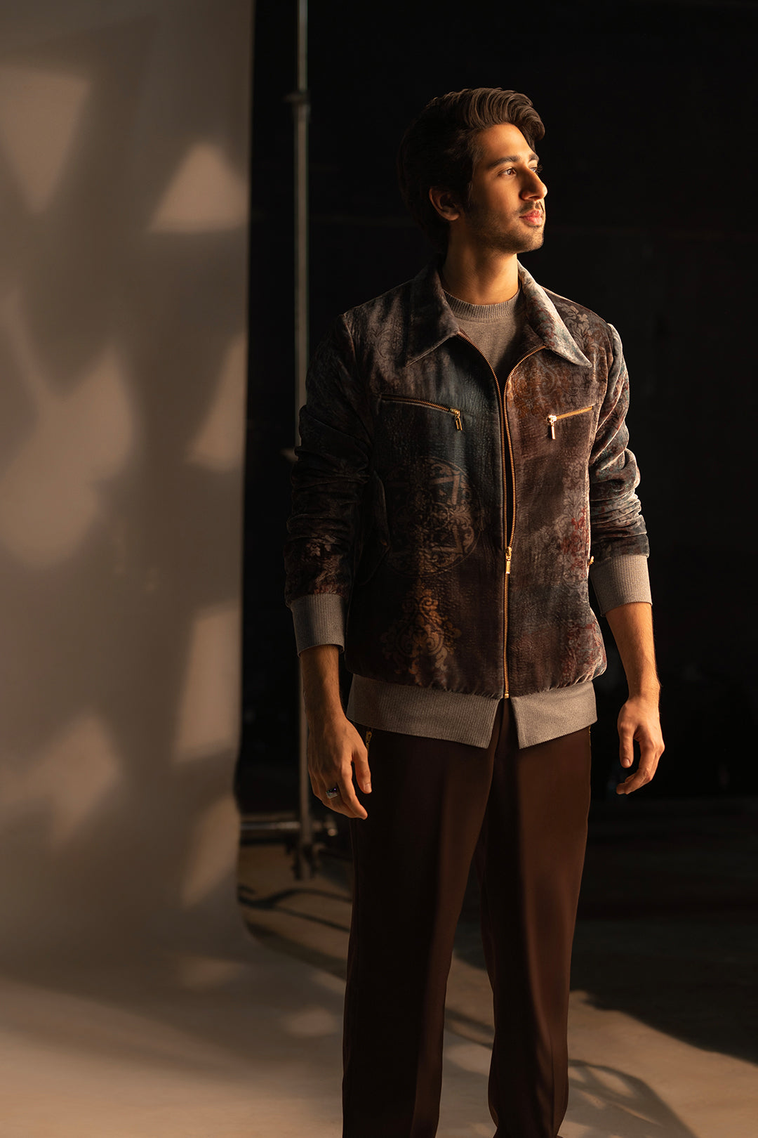 Vihaan Samant in Velvet Bomber Jacket set from Ancienne Collection