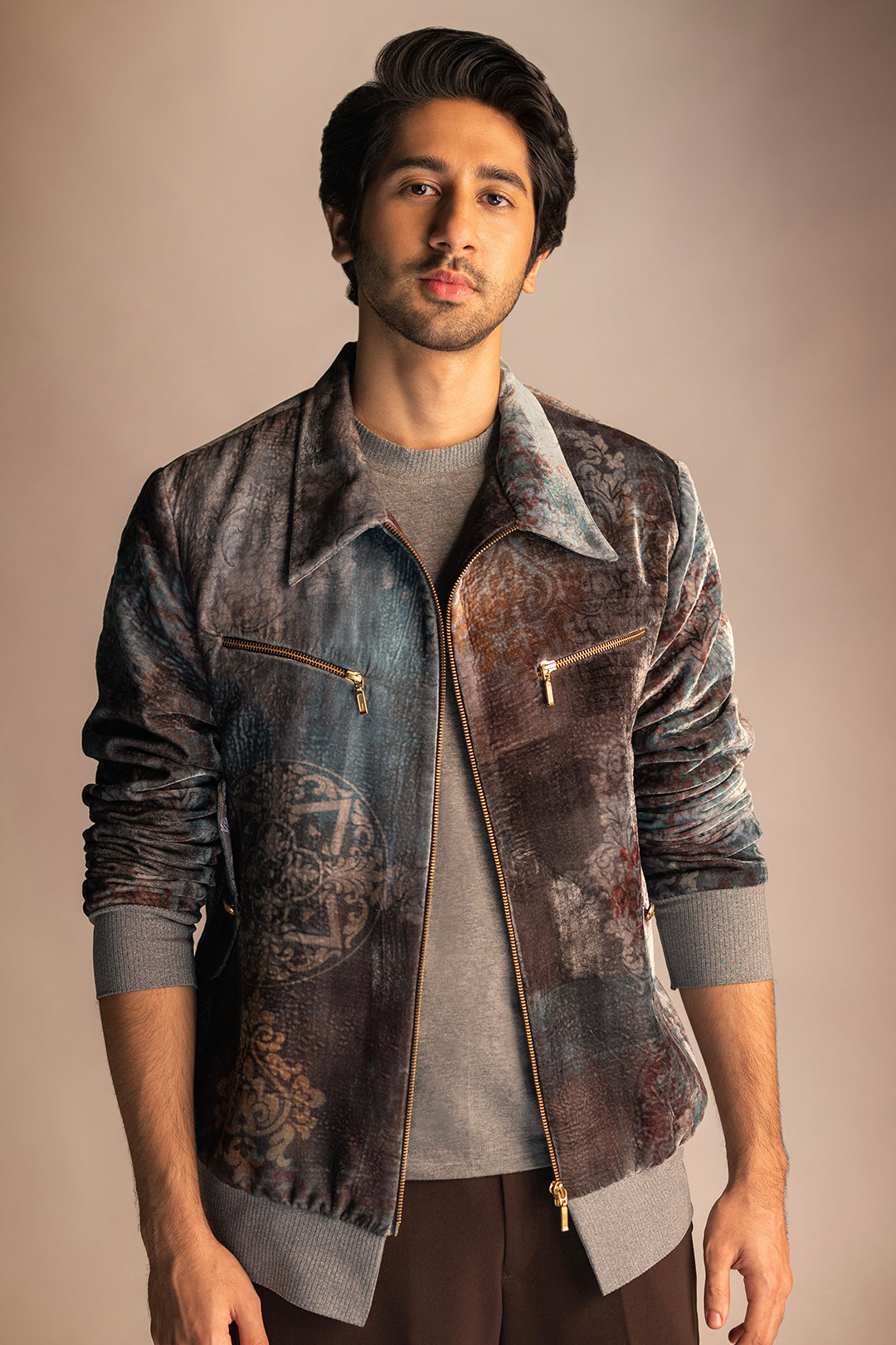 Vihaan Samant in Velvet Bomber Jacket set from Ancienne Collection