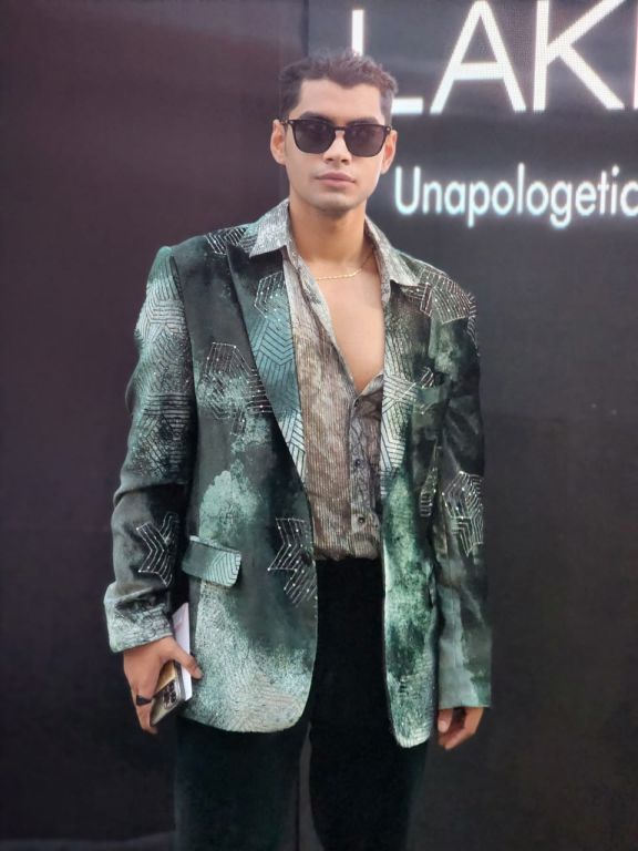 Sobo Guys in our Emerald Blotched Printed Velvet Blazer with Hand Embroidery, Emerald Velvet Pants paired with Forest Printed Lurex Shirt from Matrix Collection