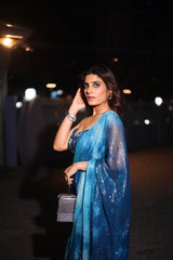 Kirshna Talsara in our Pre Draped Jade Blue Blotch Printed Ruffle Saree with Hand Embroidered Blouse from Matrix Ethnic Collection