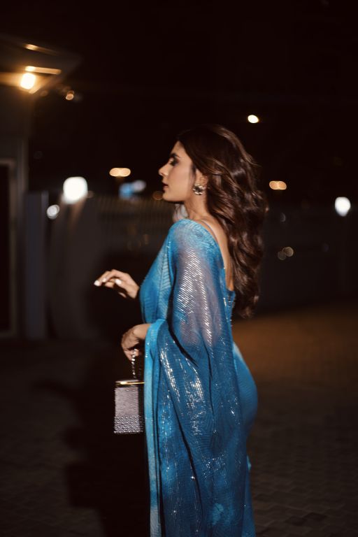 Kirshna Talsara in our Pre Draped Jade Blue Blotch Printed Ruffle Saree with Hand Embroidered Blouse from Matrix Ethnic Collection