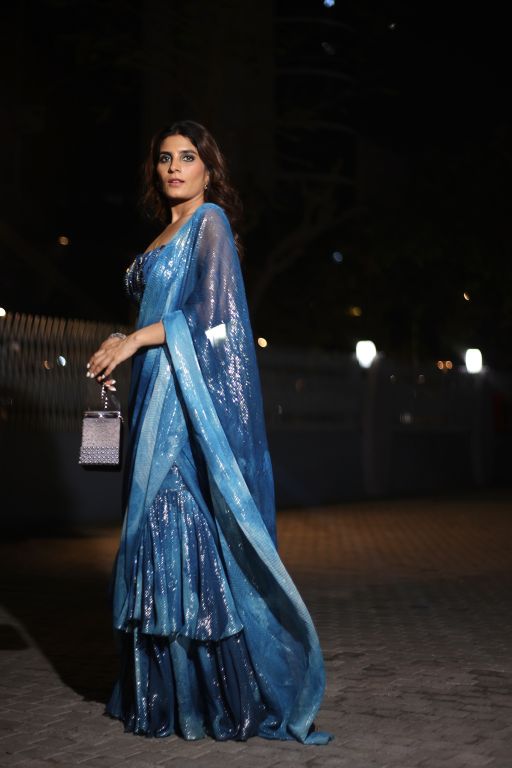 Kirshna Talsara in our Pre Draped Jade Blue Blotch Printed Ruffle Saree with Hand Embroidered Blouse from Matrix Ethnic Collection