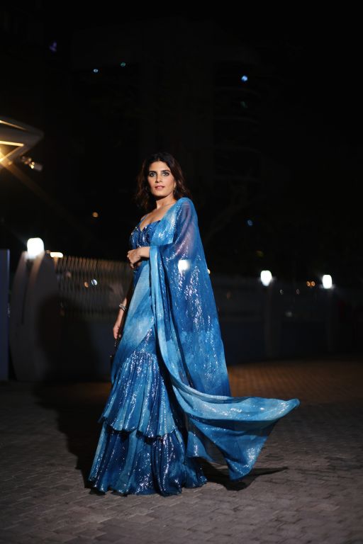 Kirshna Talsara in our Pre Draped Jade Blue Blotch Printed Ruffle Saree with Hand Embroidered Blouse from Matrix Ethnic Collection