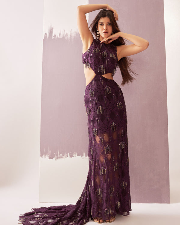 Hand Embroidered Chantilley Lace Gown with Side Waist Cutouts