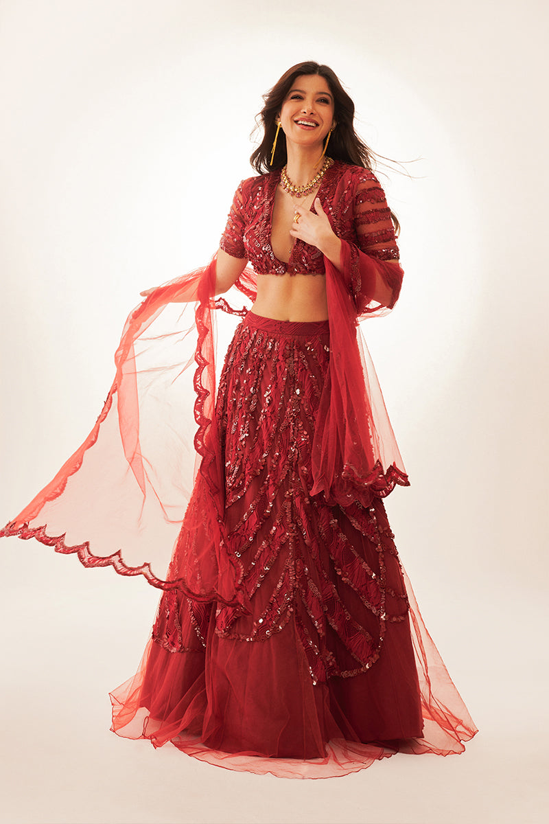 Shanaya Kapoor in our Intense Rust Hand Embroidered Lehenga Set from Ekatra