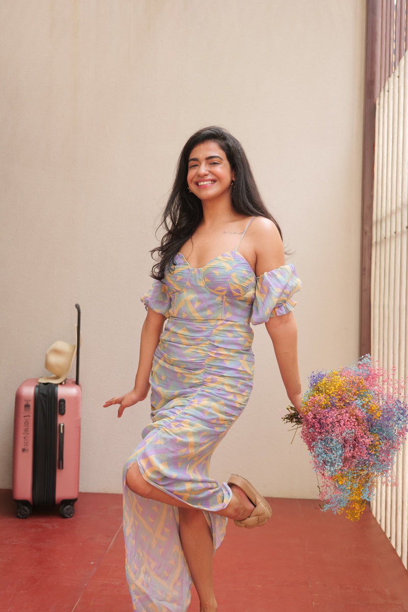 Nishtha gandhi in Nirmooha's Fitted Ruched Dress with Puff Sleeves from Retro-Spection Collection