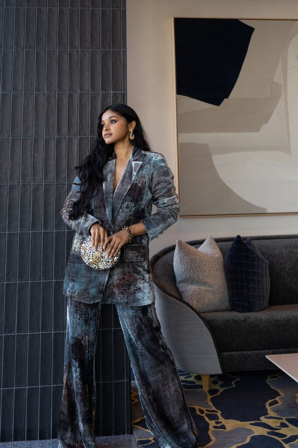 Sruthi Jaidevi in Our Velvet Printed Oversized Blazer Set with Cording Bralet from Ancienne Collection