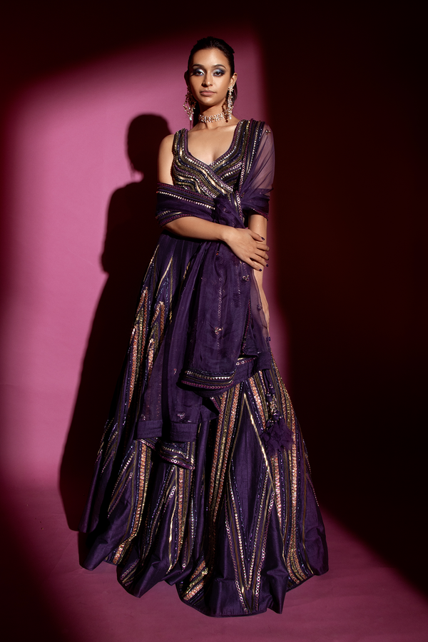 Violet Embroidered Lehenga and Blouse with Dupatta