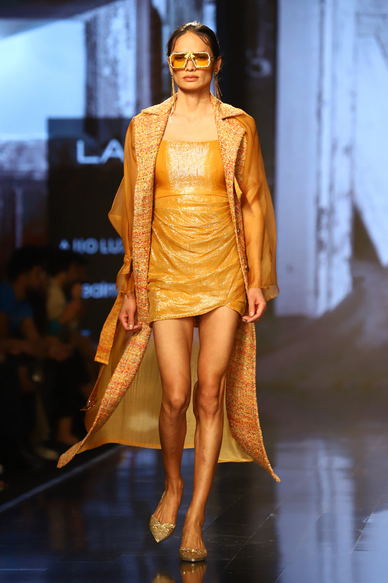 Mustard Organza Trench with Tweed Panel and Sequin Highlights