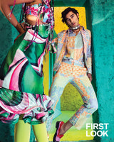 First Look Magazine Shoot in Retro-Spection Collection's Multi Geo Printed Denim Co-ord Set and Multi Geo Printed Shirt