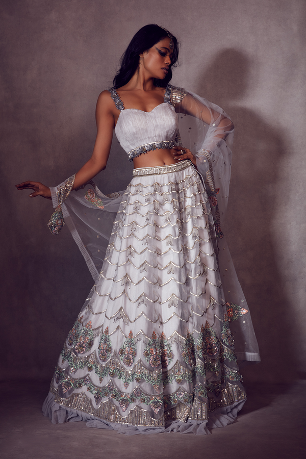 Harbor Gray Bustier paired with Ruffled-edge Ghaghra and Dupatta