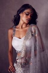 Harbor Gray Bustier paired with Ruffled-edge Ghaghra and Dupatta