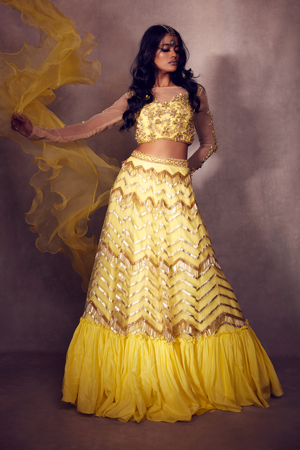 Lemon Yellow Off-shouldered Blouse paired with Frilled-edge Geometric Ghaghra and Dupatta