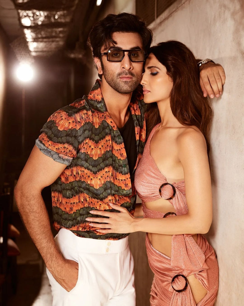 Ranbir Kapoor In Nirmooha's Olive Green & Burnt Orange Feather Printed Shirt From Our Caged Kalidoscope Collection