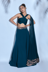 Corded Top with Attached Dupatta and Teal Skirt