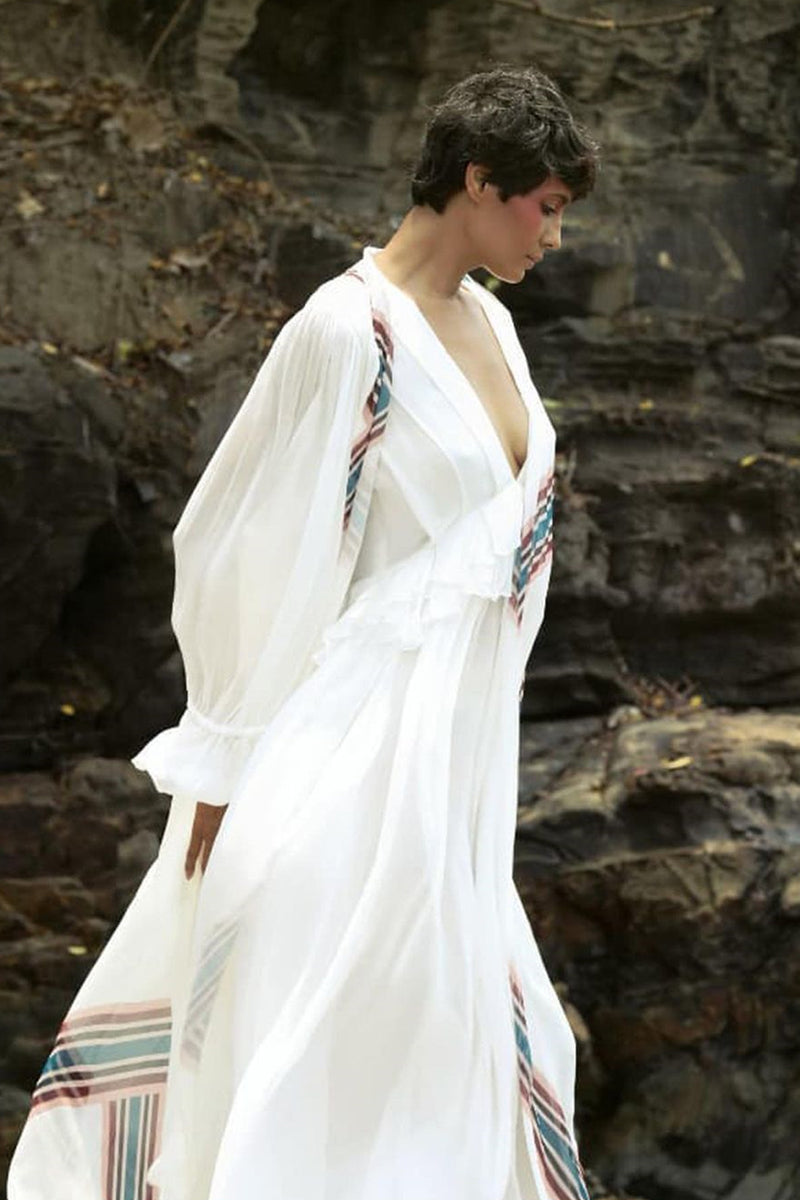 Elle in Off-white Georgette Translucent Maxi with Frills and Printed White Cape