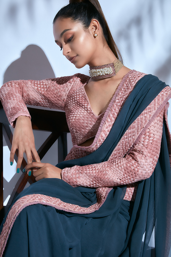 Teal Hand-embroidered Sari paired with Pink Hand-embroidered Blouse