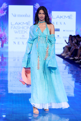 Sea-Blue Space-dyed Trumpet-sleeved Long Gown