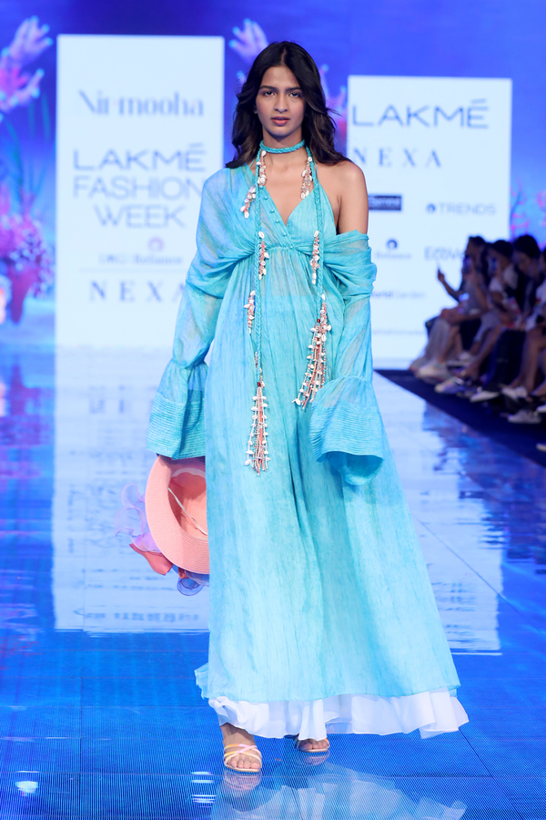 Sea-Blue Space-dyed Trumpet-sleeved Long Gown