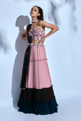 Pink Hand-embroidered Bustier paired with Tiered Skirt, Hand-embroidered Belt and Brown Hand-embroidered Dupatta