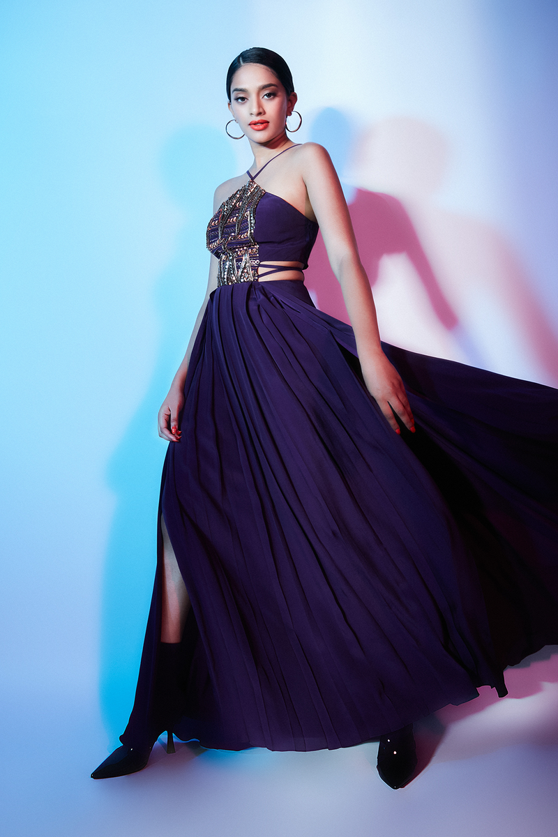 Deep Violet Hand-embroidered Maxi