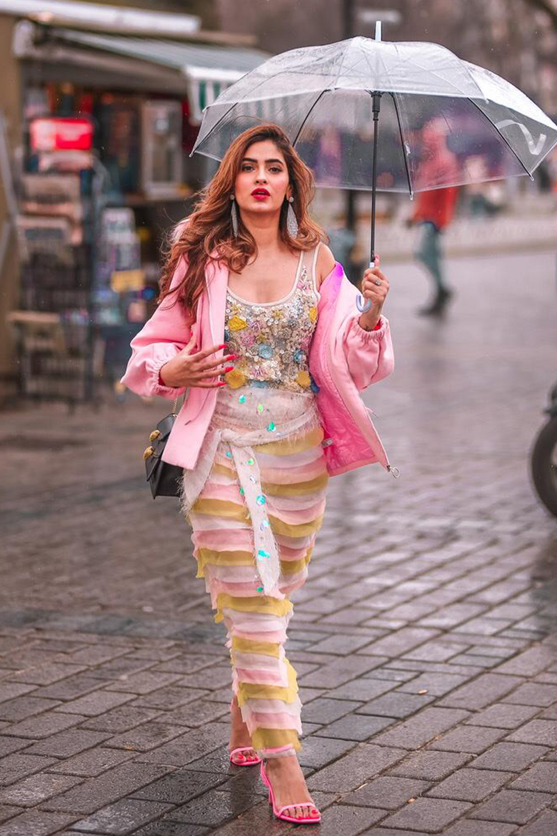 Karishma Lal Sharma In Tank Top, 3-toned Organza Skirt and Feather Belt