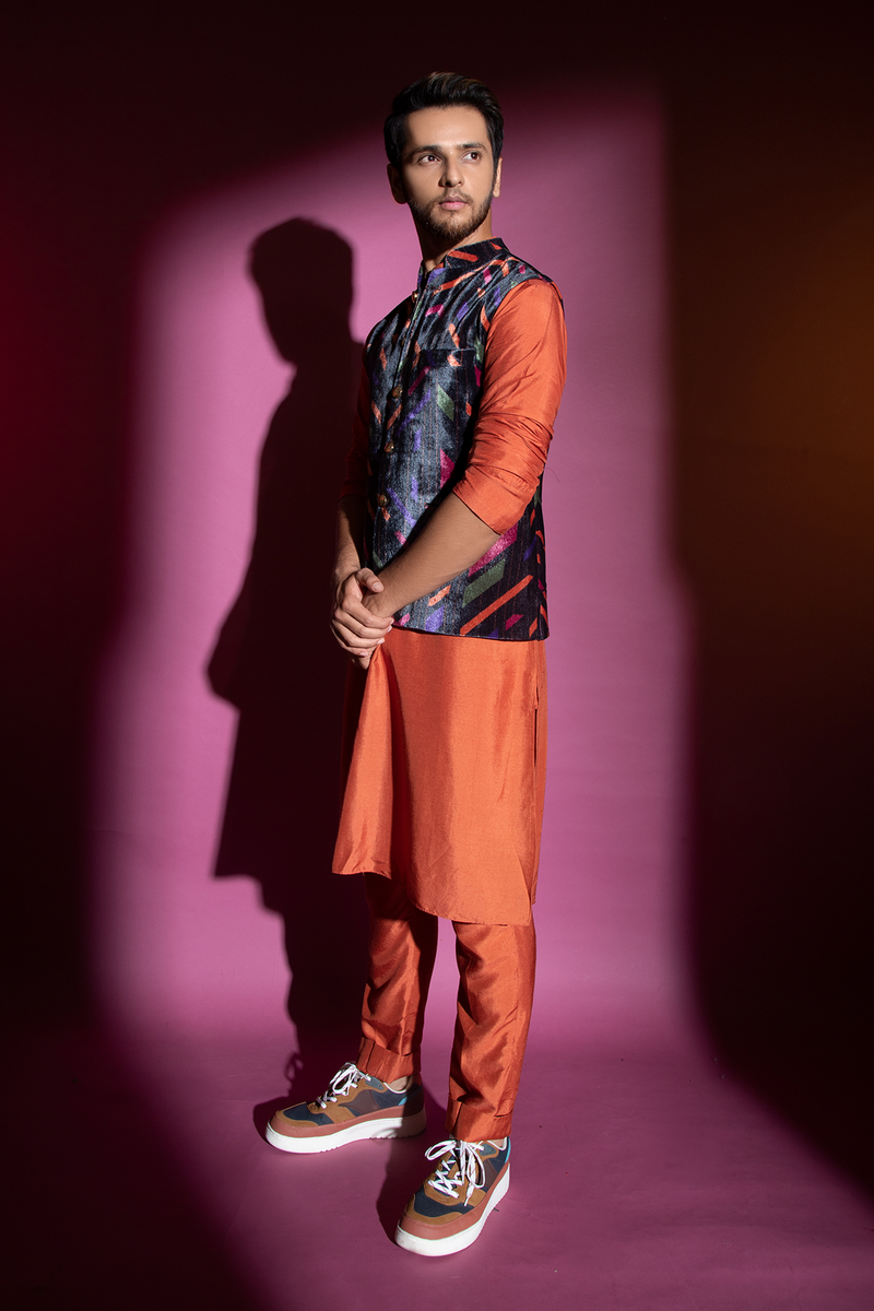 Orange Kurta and Pants with Multicolour Bandi