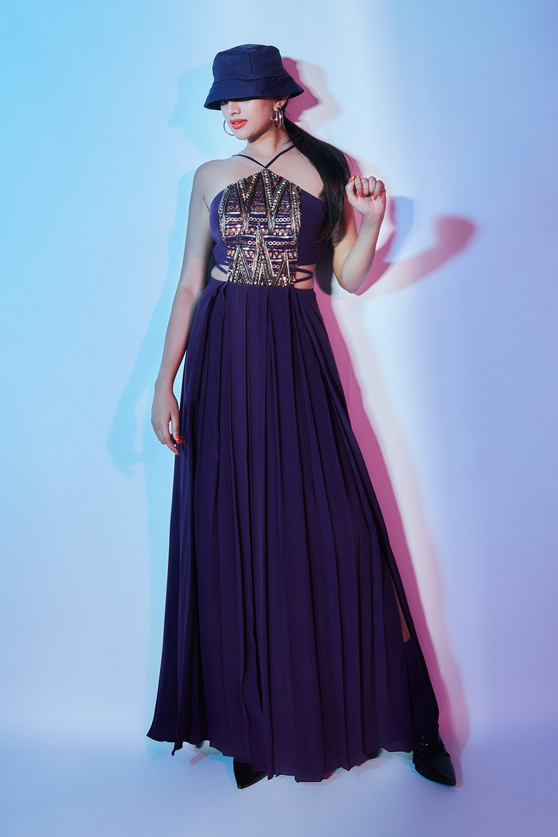 Deep Violet Hand-embroidered Maxi