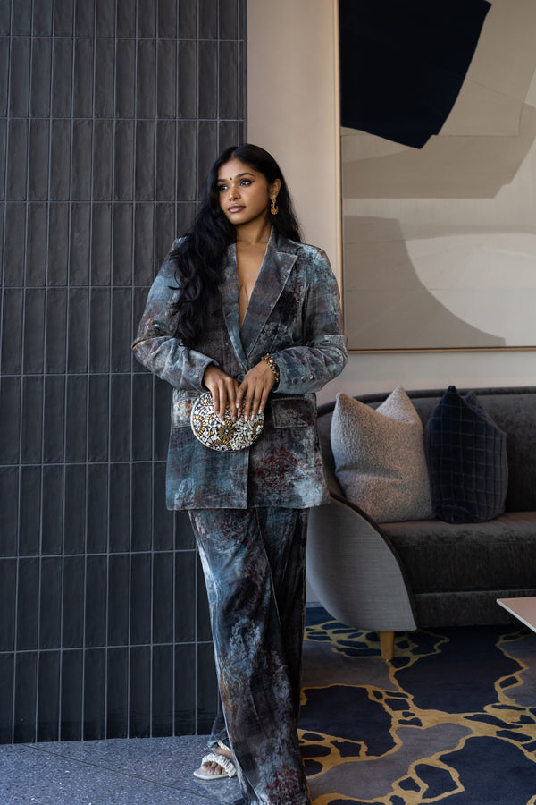 Sruthi Jaidevi in Our Velvet Printed Oversized Blazer Set with Cording Bralet from Ancienne Collection