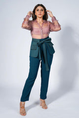 Aashna Shroff in Dusk Pink Pleated Shirt, Teal Georgette Cigarette Pants and Teal Origami