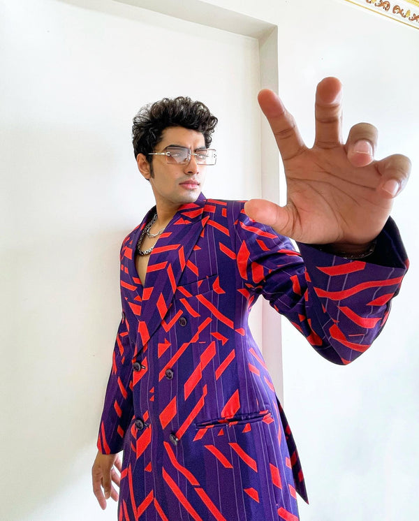 Soboguys In Nirmooha's Violet and orange Blazer and Pants set From Caged Kaleidoscope Collection