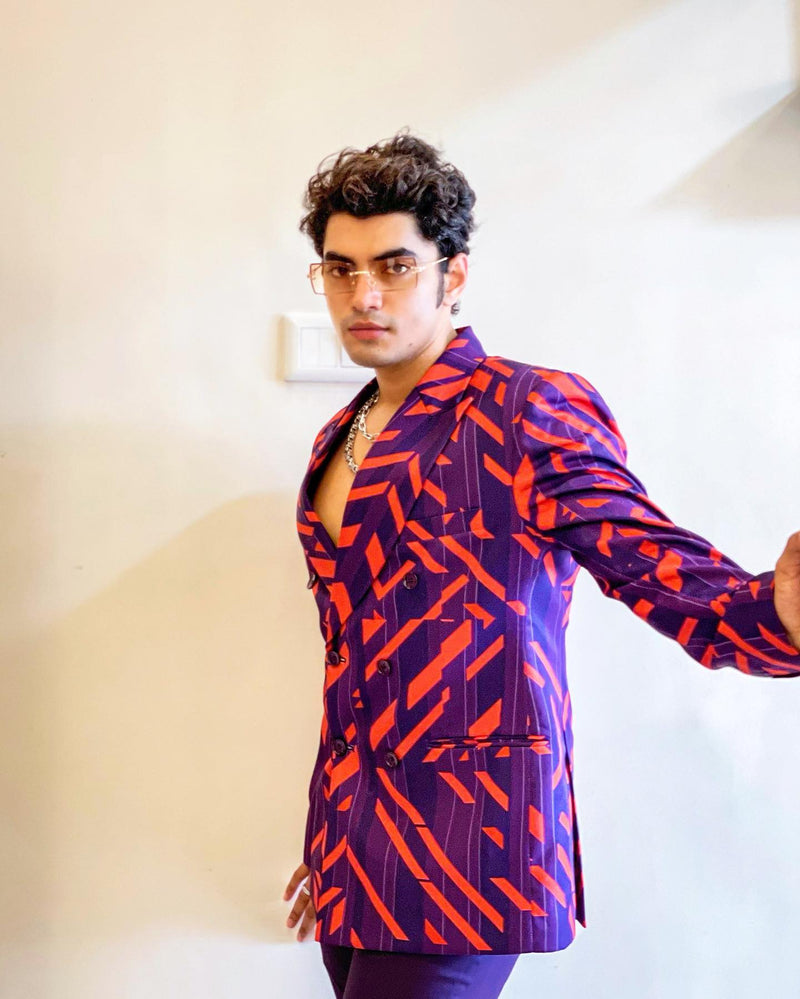 Soboguys In Nirmooha's Violet and orange Blazer and Pants set From Caged Kaleidoscope Collection