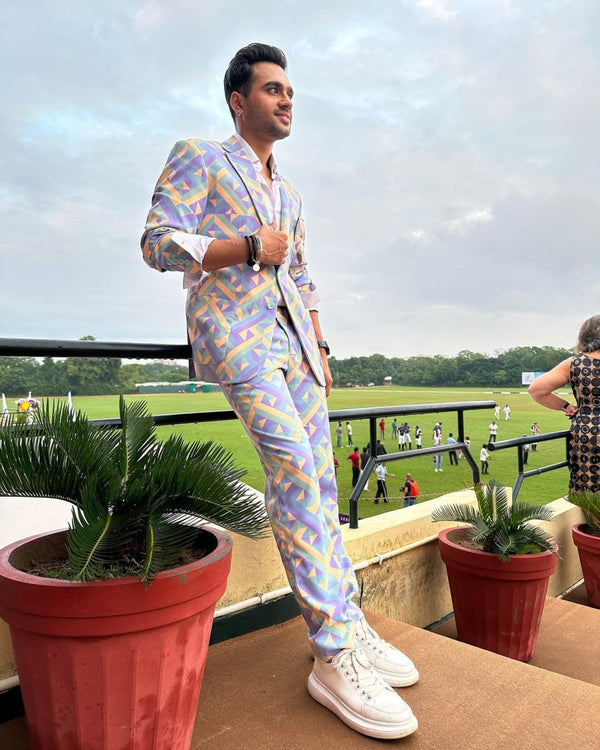 Yashvardhan Shah in Geometric Printed  Single Breasted Suit from Retro-Spection Collection