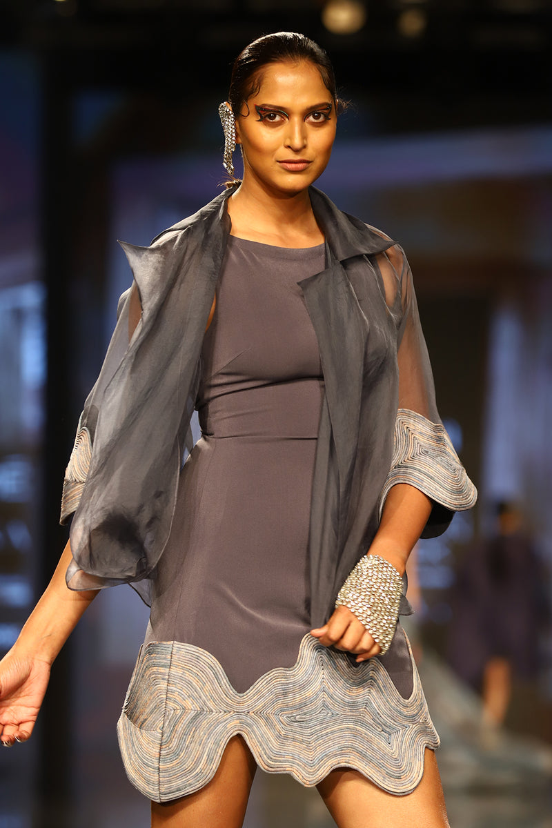 Grey Organza Jacket With Cording Sleeves And Belt