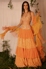 Hand-embroidered Blouse with Hand-embroidered Layered Lehenga and Double Layered Ruffle Dupatta