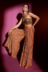 Hand-embroidered Burnt Orange Bustier and Sharara and Dupatta