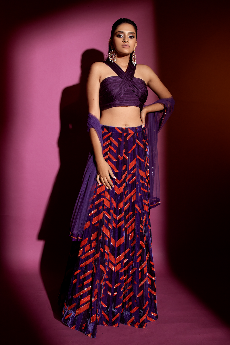 Violet Blouse with Printed Lehenga and Violet dupatta