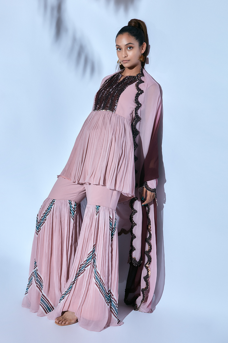 Pink Hand-embroidered Kurti paired with Printed Pink Sharara and Shaded Dupatta