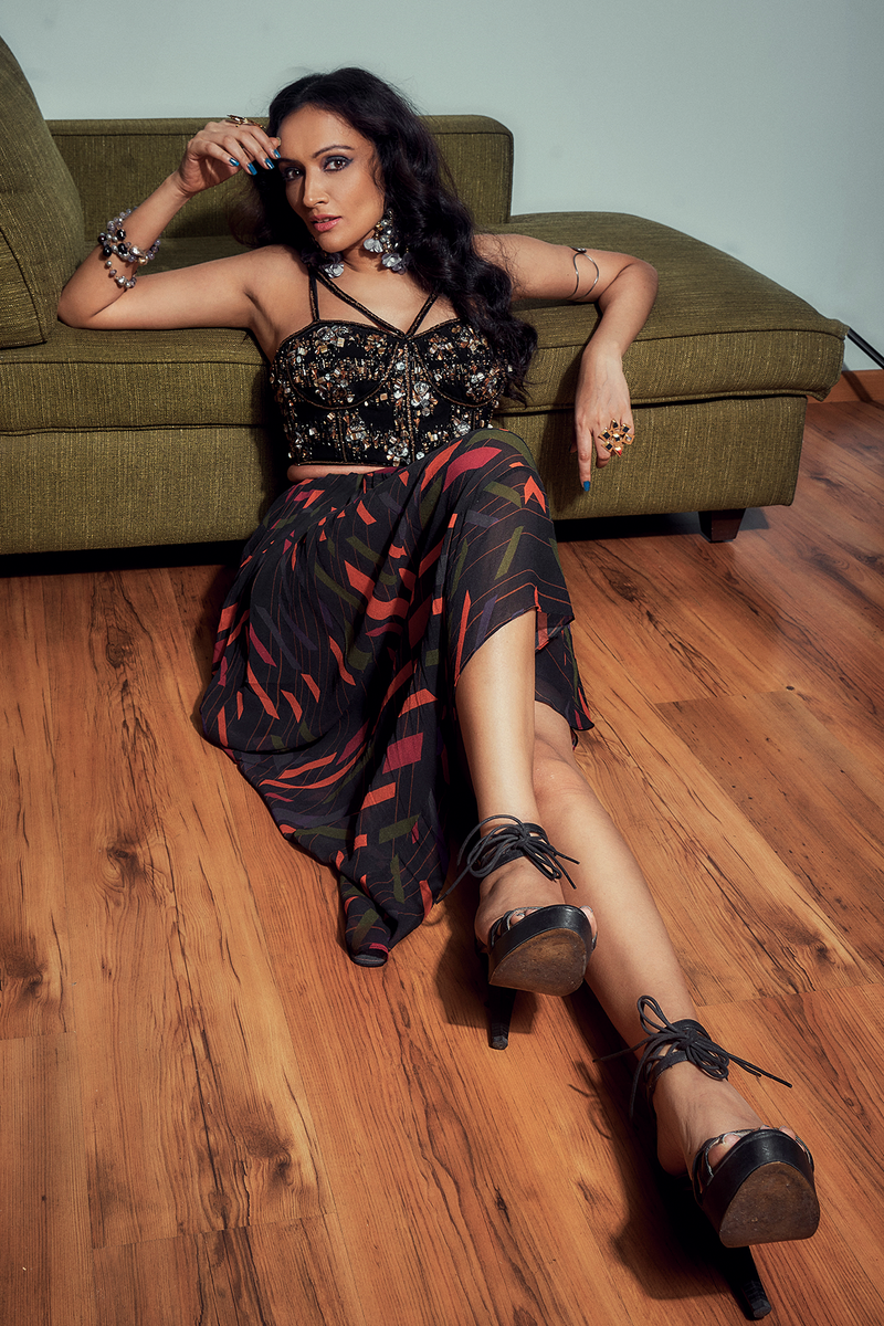 Dipannita Sharma in Black Hand-embroidered Corset and Satong Skirt