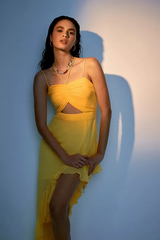 Lemon Yellow Cutout Asymmetrical Dress with attached Hand Embroidered Tassels