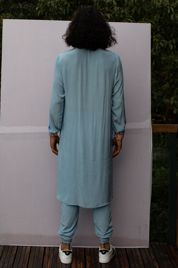 Ice Blue Kurta with Printed Cuff and Joggers Pant