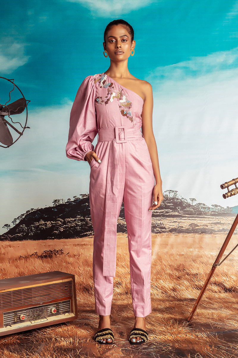 One-shouldered Dust Pink Printed Cotton Jumpsuit and Belt