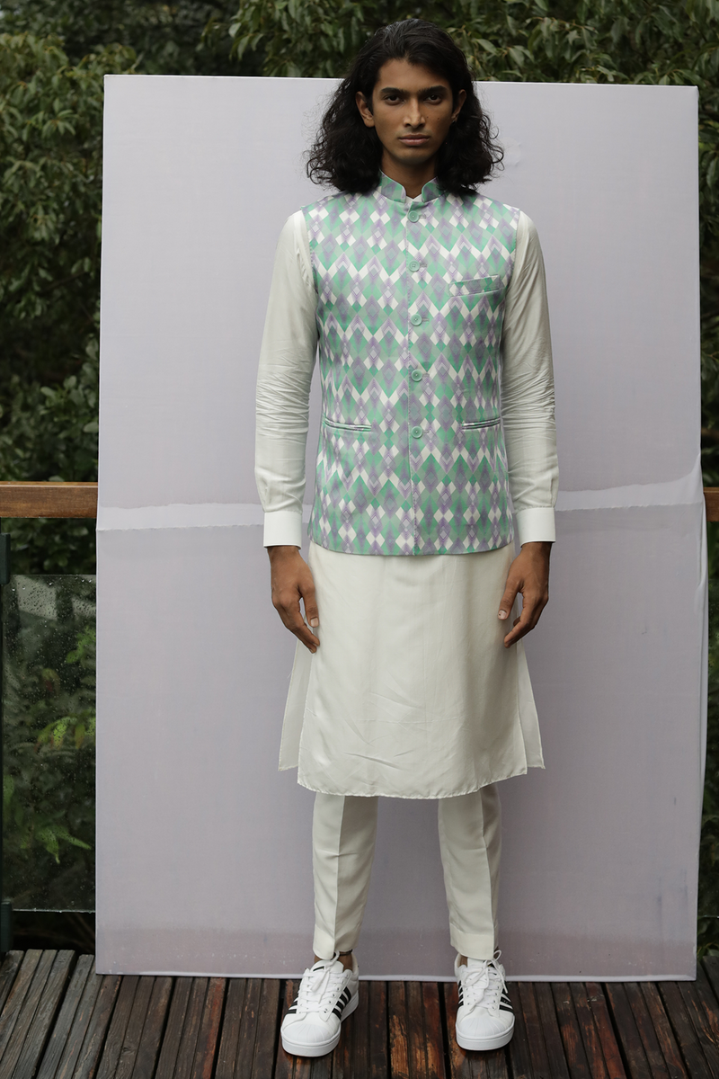 White Kurta with Straight Pants and Printed Bandi